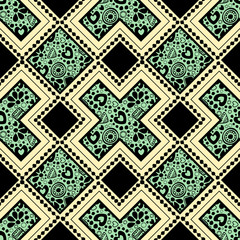 Seamless vector decorative hand drawn pattern. Ethnic endless background with ornamental decorative elements with traditional motives, tribal geometric figures, dots and flowers.