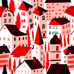 Seamless pattern with houses. Cute city vector illustration. Architecture background - 134747374