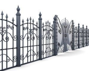 Metal fence and gate isolated on a white background. 3d renderin