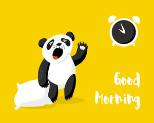 Cute panda with pillow wakes up. Good morning card with alarm clock and bear. Vector illustration.