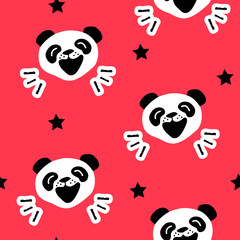 Seamless pattern with funny panda and black stars. Vector background.