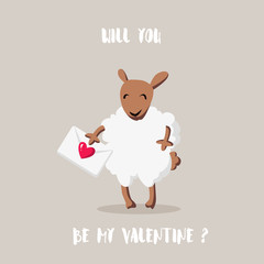 Will you be my Valentine? Cartoon sheep with envelope-style flat. Happy Valentine's card. Vector