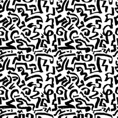 Abstract seamless pattern. Hand drawn artistic ink curves. Black and white