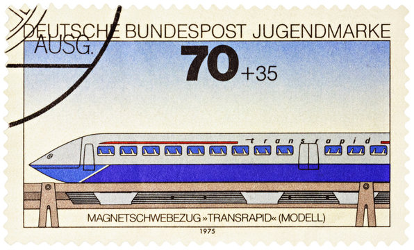 High-speed passenger train on postage stamp