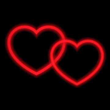 Two red hearts with neon lights. .