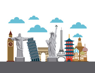 Obraz premium iconic monuments of the world over sky background. travel and tourism concept. colorful design. vector illustration