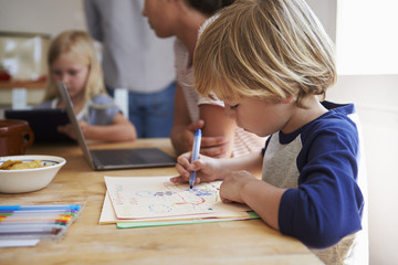 Kids working at kitchen table with their mother, close up