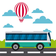 air balloon and bus over sky background. colorful design. travel and tourism concept. vector illustration