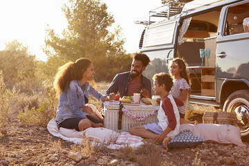 Family having a picnic beside their camper van, full length - obrazy, fototapety, plakaty