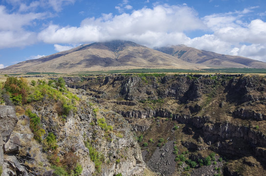 View of the mount Ara ler from the opposite side of the canyon Kasakh river, near monastery Saghmosavank. Ashtarak district,  Armenia
