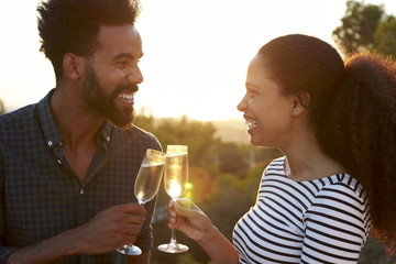 Romantic couple making a toast outdoors