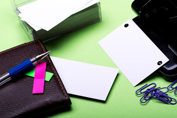 stationery for office: hole puncher, clips, blanks, wallet, pen, stickers