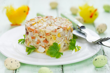 Easter salad with chicken, corn, egg and carrot - idea for Easter