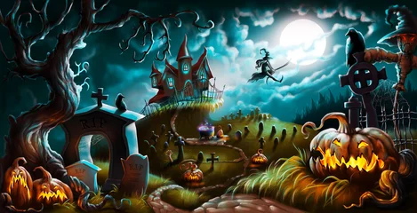 Fototapeten Halloween Night Mystery Graveyard Illustration © Yashkovskiy