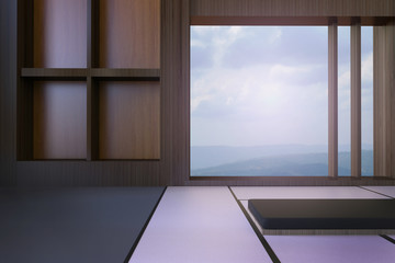 Simple Modern Japanese living room and Minimal window frame and views of mountains and sky
