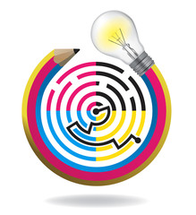 Color print and design solutions concept.
Illustration of colorful twisted pencil with a light bulb and maze.Isolated on white background. Vector available.
