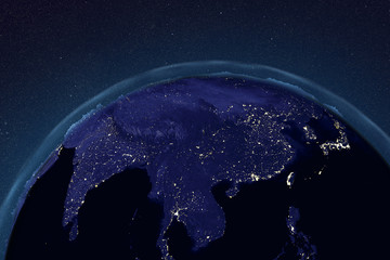 Planet Earth from space showing Asia in night with enhanced bump, 3D illustration, Elements of this image furnished by NASA