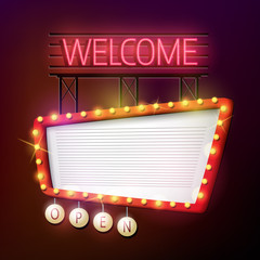 Welcome signboard retro style with light frame - obrazy, fototapety, plakaty