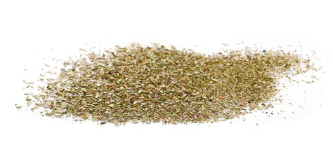 Pile of dried oregano leaves isolated on white background