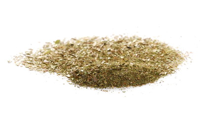Pile of dried oregano leaves isolated on white background