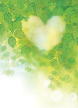Vector green leaves branches heart's shape  nature background.
