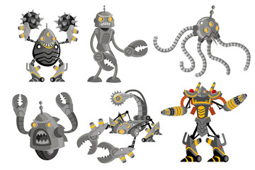 six battle robots spikeball pincers clamps tentacles scorpion saw and fireguard flamethrower drones