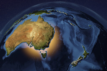 Planet Earth from space showing Australia and New Zealand with enhanced bump isolated on white background, 3D illustration, Elements of this image furnished by NASA