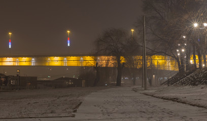 Branko's bridge at foggy night Belgrade Serbia