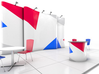 Blank creative exhibition stand design with color shapes. Booth template. 3D render