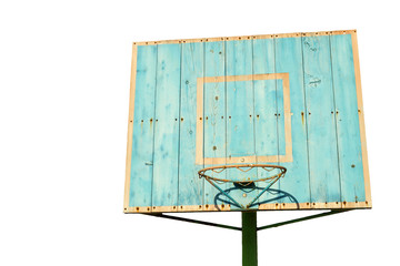 Vintage blue old wooden boards  basketball hoop with cage isolat