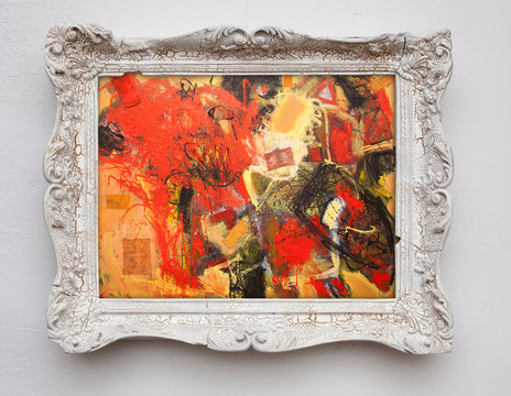 abstract art expressionism canvas in vintage antique white frame