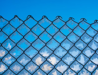 Background of a mesh fence covered with frost.