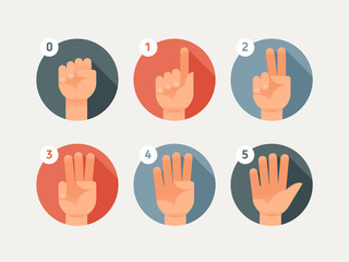 Hand count. Flat finger and number. One, two, three, four, five.