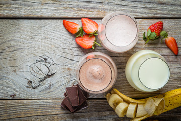 Selection of flavoured milk - strawberry, chocolate, banana