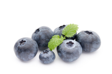 Close up of a blueberry branch isolated over white.