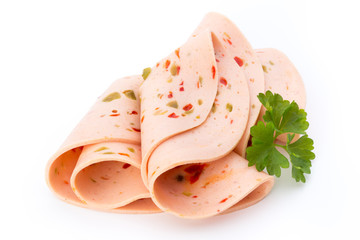 Sliced boiled ham sausage isolated on white background, top view © gitusik