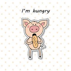 Cute pig eating bread.