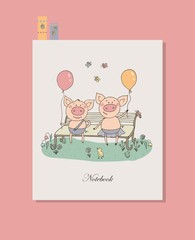 Two cute little pigs sitting on a bench with balloons