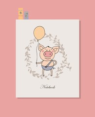 Cute little pig standing with the balloon in a hand