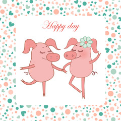 Two Happy pigs, piggy girl with a flower in a hand