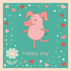 Happy pig with a flower in a hand. Cute cartoon pig sticker