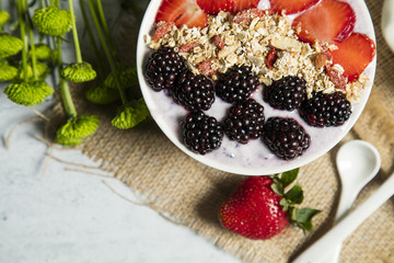 Granola served with coffee,milk,fruits