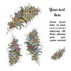 Hand drawn zentangle feather on white background