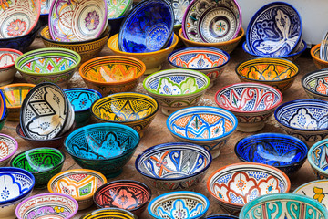 Colorful bowl souvenirs in a shop in Morocco