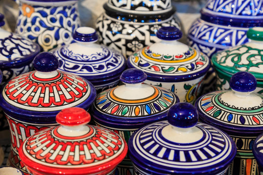 Colorful ceramic souvenirs in a shop in Morocco