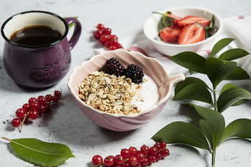 Granola served with yogurt, fruits and honey
