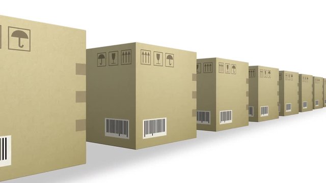 moving row of corrugated cardboard box packages isolated on white background with space for your logo or text seamless loop. shipping, logistics and retail goods delivery commercial business concept
