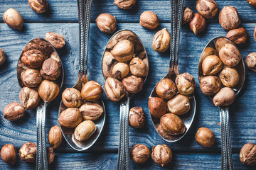 Hazelnuts on metal silver spoons on blue wooden table.