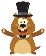 Smiling Marmot Cartoon Mascot Character With Cylinder Hat And Open Arms In Groundhog Day. Illustration Flat Design With Background Isolated On White