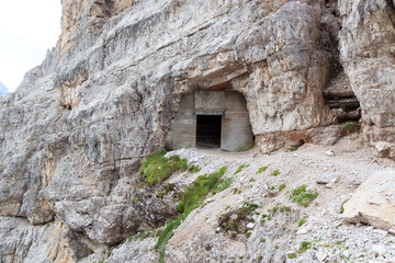 Via ferrata Innerkofler De Luca with tunnel entrance in Sexten Dolomites, South Tyrol, Italy